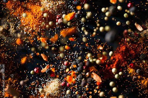 Fototapeta Naklejka Na Ścianę i Meble -  freeze motion of spice explosion black background AI