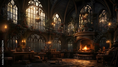 Interior of a medieval church with a fireplace  3d render