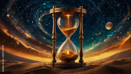 Hourglass hovering in space with ammonite fossil inside clock standing on petrified mollusc against cloudy sky and shining stars. Symbol of eternity, extinction and evolution, time is over concept. 
