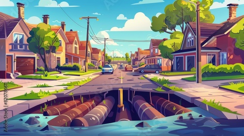 Modern cartoon illustration of a town street with underground pipeline system, private homes, garages on the street, and water supply and drainage pipes run under asphalt, as well as utility services photo