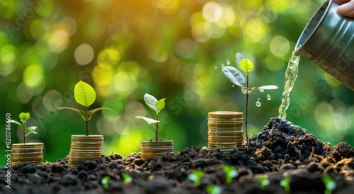 Hand watering a plant growing on a stack of coins in the style of money and growing a business concept with hand pouring water from a can to a tree over a pile or small garden for financial growth