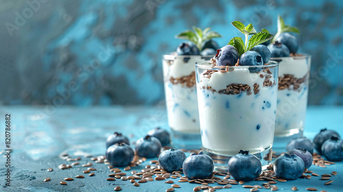 Glasses of sweet yogurt flax seeds and blueberries on