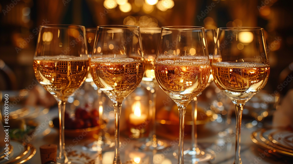 Close up champagne glasses on table with beautiful bokeh light background. Close up champagne glasses on table with beautiful bokeh light background.