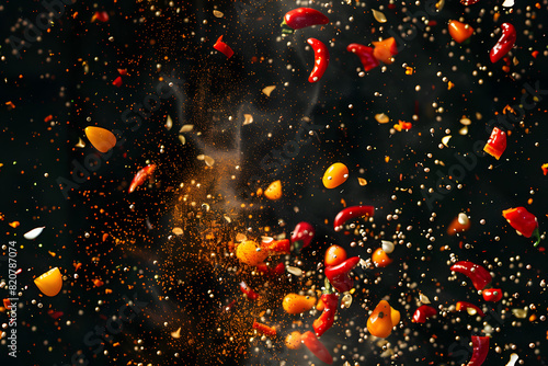 Fototapeta Naklejka Na Ścianę i Meble -  freeze motion of spice explosion black background AI