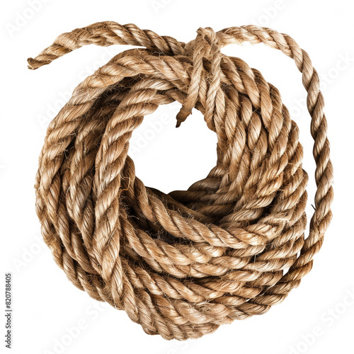 A close-up of a coiled rope isolated on a white background, showcasing its texture and pattern