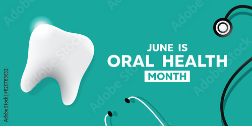 June is Oral Health Month. Great for cards, banners, posters, social media and more. Light blue background.