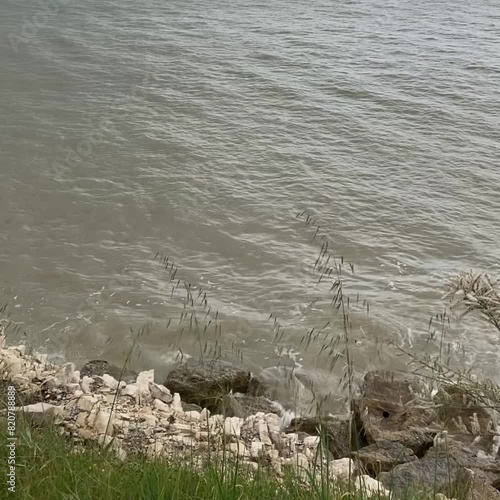 Ocean coast with rocks. Windy weather. Live background with ripples.