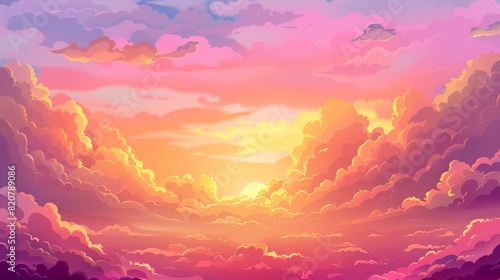 Cloudy sky with anime fluffy clouds at sunset or sunrise. Cartoon modern background of gradient colored clouds above a sunny sky. Romantic air panorama landscape with curve haze.