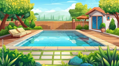 In the background are a poolside area with wooden patio and fence  and a living room interior with a sofa. In the background is a cartoon modern countryside house scene with a terrace for relaxation 