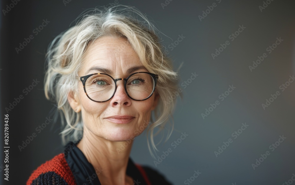 A middle-aged gender nonconforming woman wearing glasses making eye contact with the camera A middle-aged gender nonconforming woman wearing glasses making eye contact with the camera