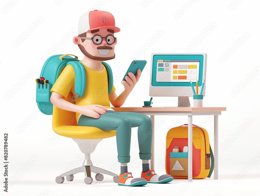 A man is sitting at a desk with a computer monitor and a cell phone generated by AI A man is sitting at a desk with a computer monitor and a cell phone generated by AI