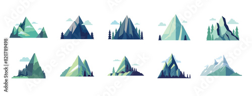 Mountain landscape vector illustration set, collection of mountains in flat design style