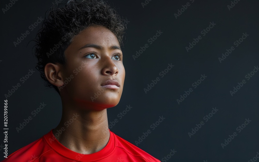 Obraz premium A young boy in a red shirt looks off to the side in a candid moment