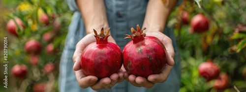pomegranates harvest in the hands of a woman. Selective focus.