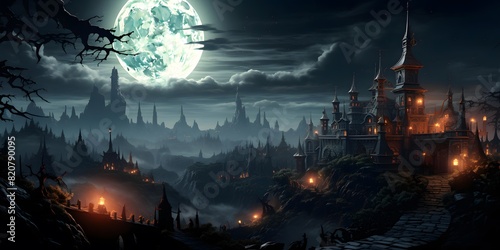 Huge full moon over old city at night. Panoramic illustration