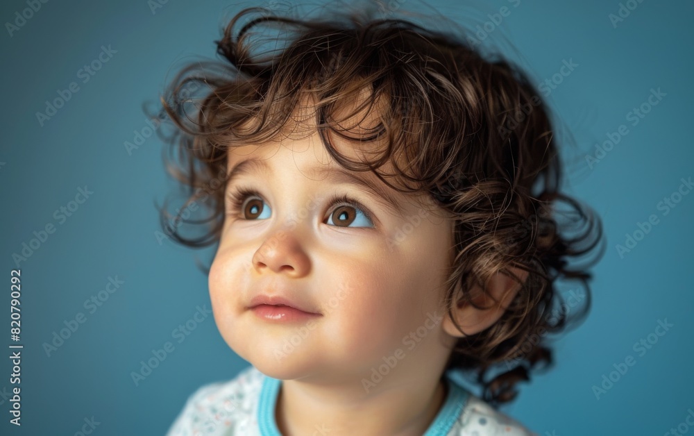 Close up of a toddler with curly hair, looking directly at the camera Close up of a toddler with curly hair, looking directly at the camera