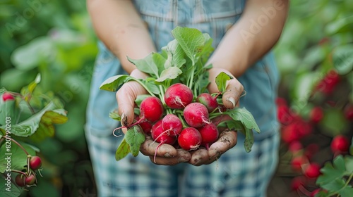 radishes in the hands of a woman in the garden. Selective focus.