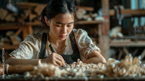 Crafting Tradition: Chinese Woman Carving Wood
