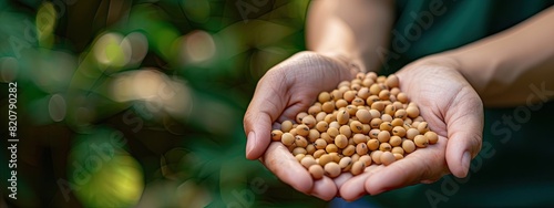 soybeans in the hands of a woman in the garden. Selective focus.