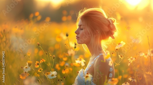 A beautiful young blonde woman with closed eyes in summer clothes stands in a meadow with flowers, at sunset.