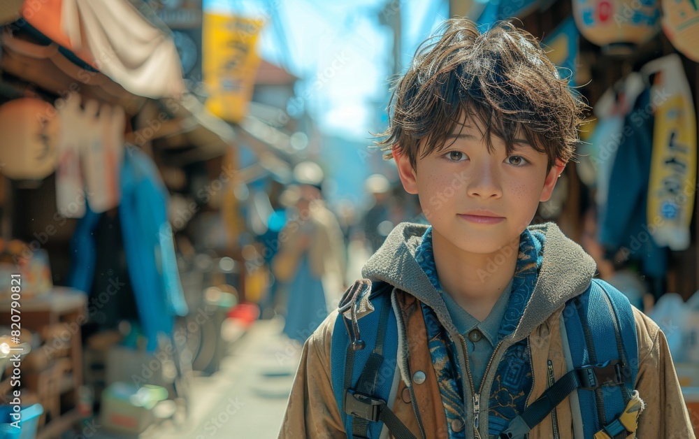 A Japanese boy standing in front of a store on a street A Japanese boy standing in front of a store on a street