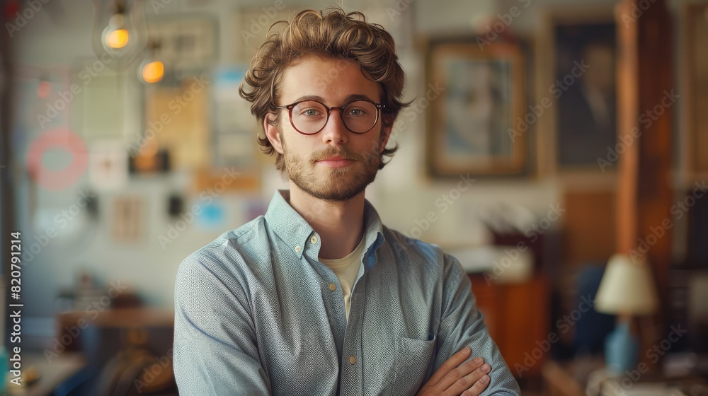 Obraz premium Young man with glasses standing confidently in a casual office setting, representing modern workplace and creative environment.