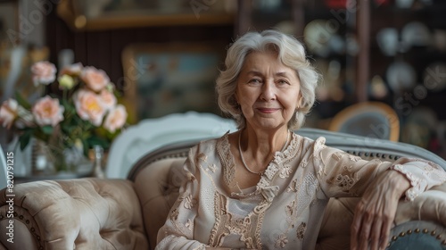 Elegant Elderly Woman Sitting in Vintage Room 