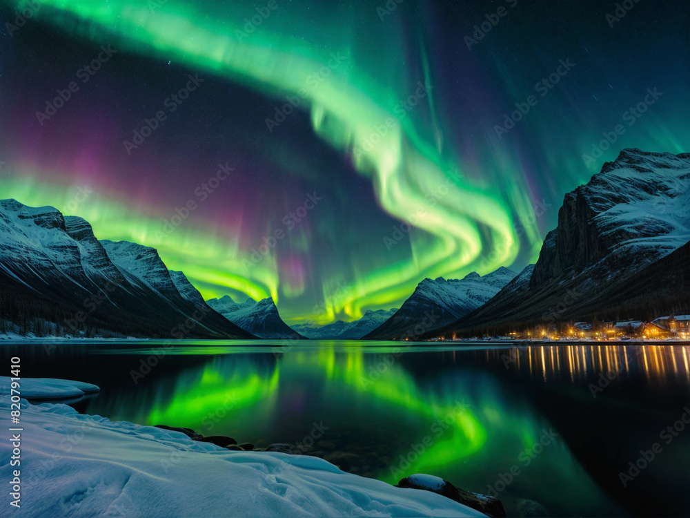 Northern Lights over a winter fjord. The sky lights up in bright shades of green and purple