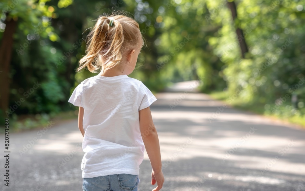 A young girl in a white t-shirt walks down a road while holding a skateboard A young girl in a white t-shirt walks down a road while holding a skateboard