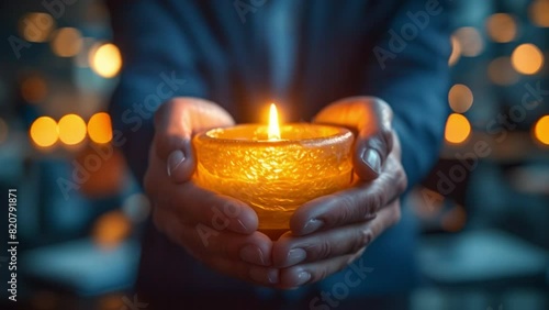 A hand lights a candle in a quiet office space. It is a symbol of mindfulness and stress management in business. photo