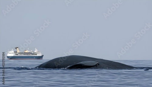 A Blue Whale Swimming Past A Ship Giving Perspect photo