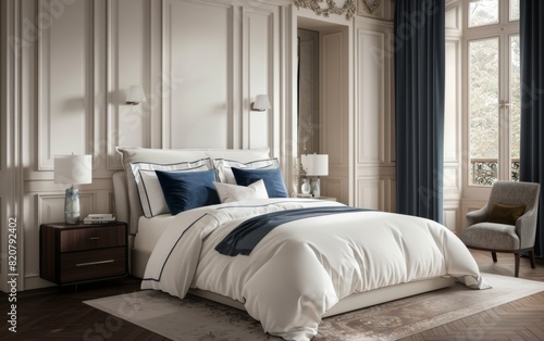 A spacious bedroom featuring a grand bed with white bedding and blue pillows, illuminated by an elegant chandelier