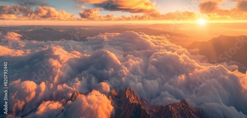 A high-altitude view of cloud-covered mountains during sunrise, with the golden light piercing through the dense clouds. 32k, full ultra hd, high resolution photo