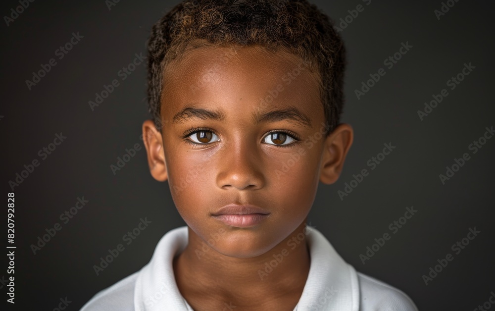 Obraz premium A young boy of Mixed Race descent dressed in a white shirt and tie