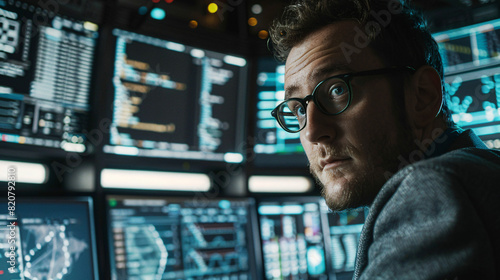 Portrait of a Man Wearing Glasses, Focused on Computer Screens with Data in the Background