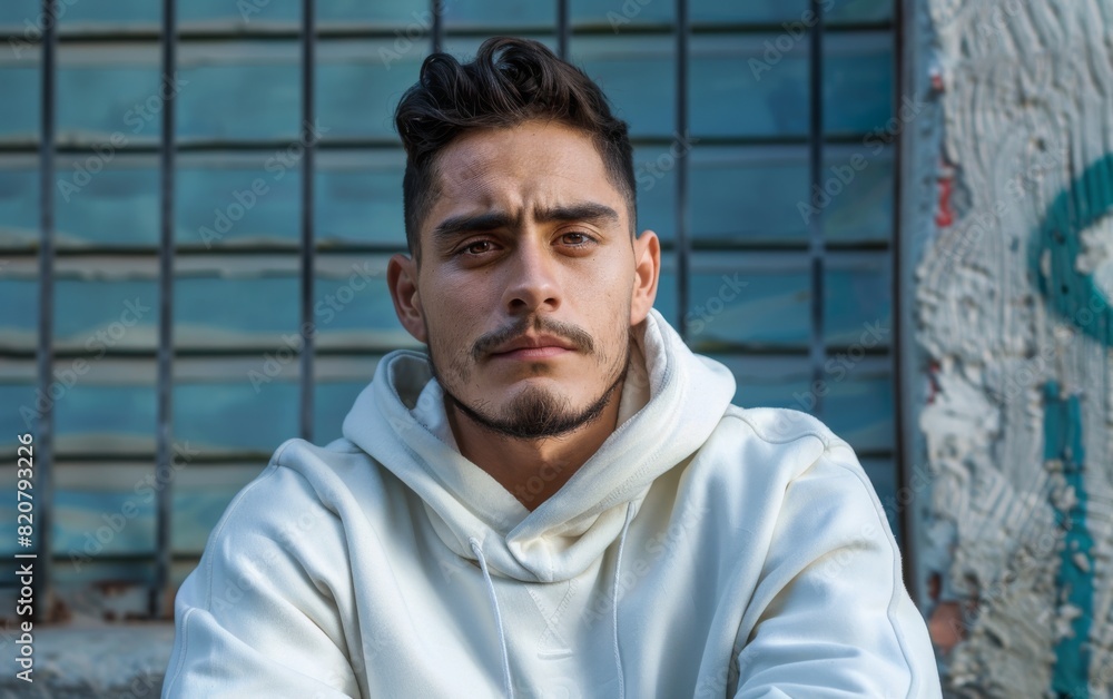 Obraz premium A Mediterranean descent man wearing a white hoodie with a goatee
