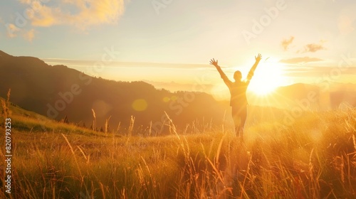 Fototapeta Naklejka Na Ścianę i Meble -  The girl on the top of the mountain raised both hands, the sun was setting. concept of success and achievement, joy, happiness.