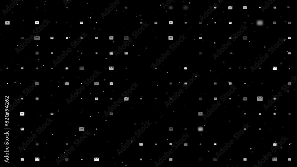 Template animation of evenly spaced email symbols of different sizes and opacity. Animation of transparency and size. Seamless looped 4k animation on black background with stars Template animation of evenly spaced email symbols of different sizes and opacity. Animation of transparency and size. Seamless looped 4k animation on black background with stars