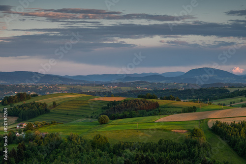 Rural picturesque landscape in Lesser Poland near Ciezkowice at sunset © marcin jucha