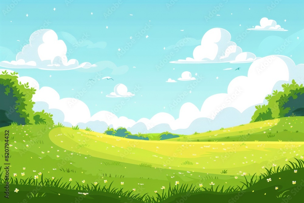 Fototapeta premium 春の日差しが降り注ぐ草原のイラスト