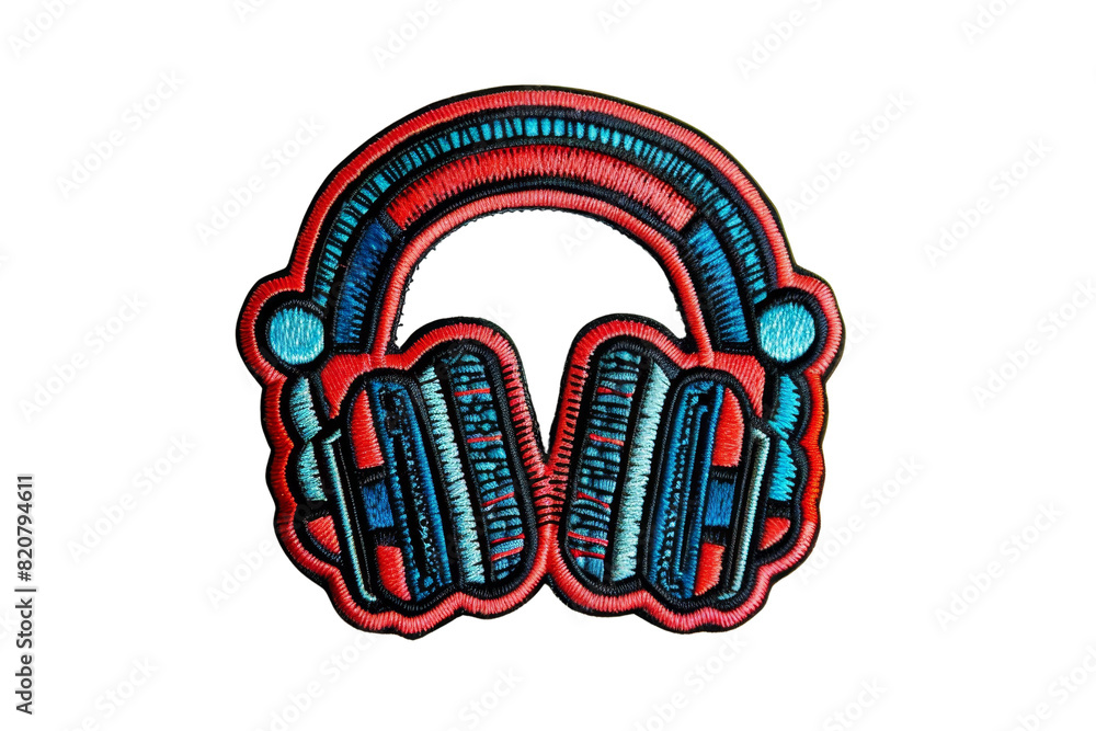 Obraz premium Colorful illustration of a headphone in red and blue colors, representing music and audio equipment, isolated on a black background.