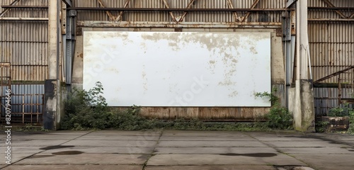 A large blank wall mural space on the side of a rustic warehouse in an industrial area, awaiting artistic expression. 32k, full ultra hd, high resolution