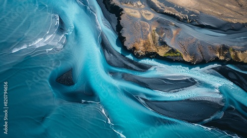Aerial of an abstract blue river in Iceland in a contrast black sand beach riverbed