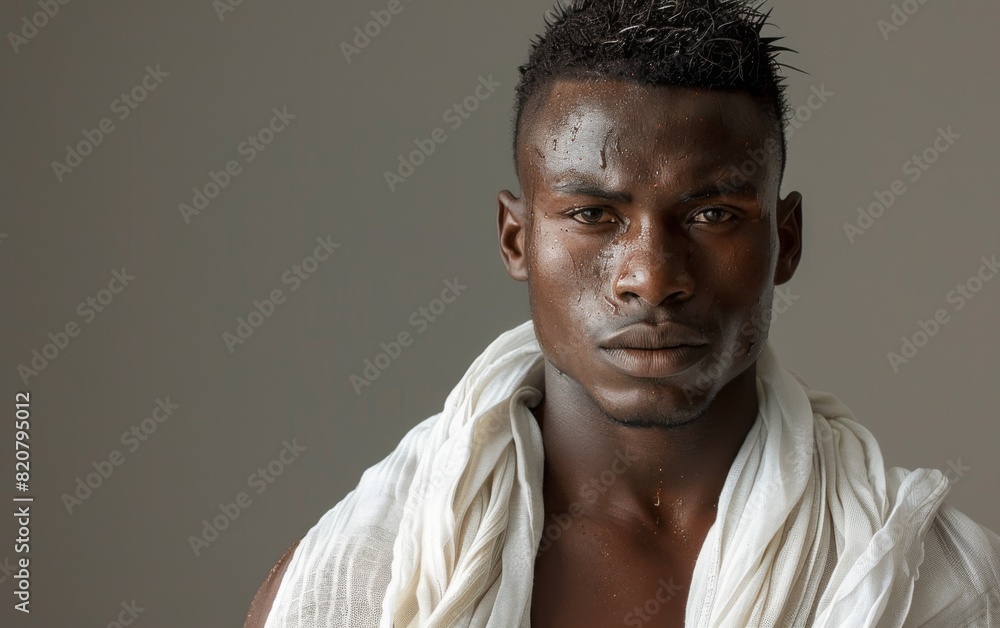Obraz premium Young East African male standing with a towel draped around his neck
