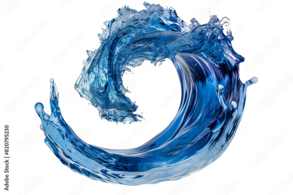 Dynamic splash of crystal clear blue water forming a perfect circular wave shape, isolated on a transparent background.