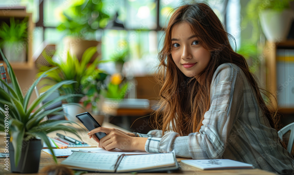 Busy female event organizer planning schedule, taking notes, checking phone - business productivity, workflow management scene Busy female event organizer planning schedule, taking notes, checking phone - business productivity, workflow management scene