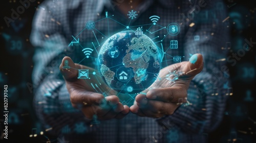 a business man's both palm is holding a digital globe with other technology icons, wifi icon and e mail icon and telephone icon and stock char photo