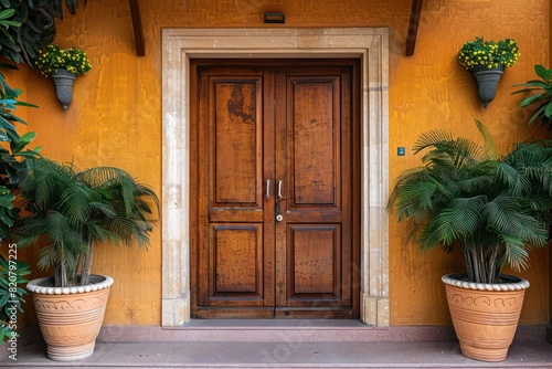 Villa door with modern indian aesthetic: smart lock on a stylish front entrance door for a secure home photo