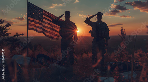 Soldiers saluting the sun in front of a flag, suitable for patriotism, national holidays, military events, Memorial Day designs. photo