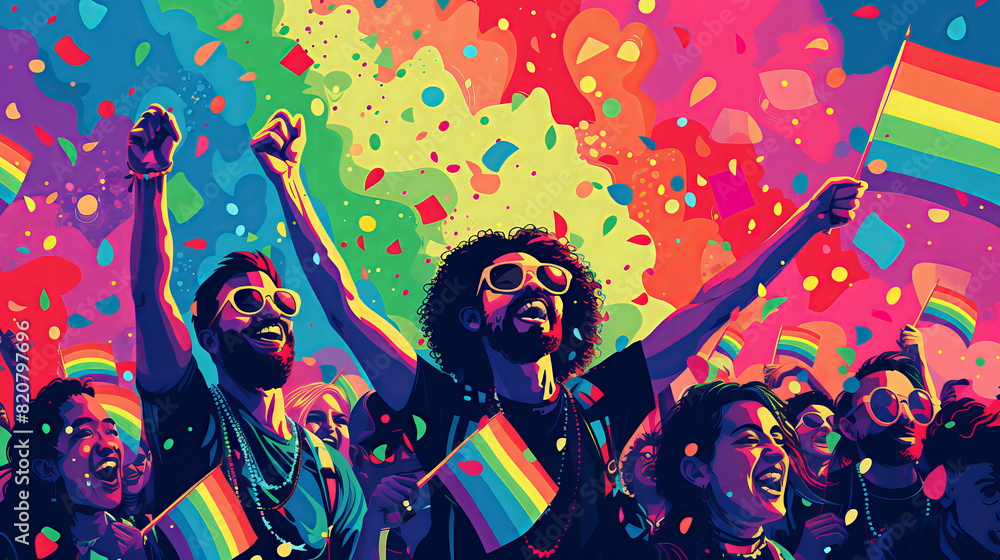 Fototapeta premium Group of diverse people holding rainbow flags celebrating pride month on rainbow background, illustration graphic style